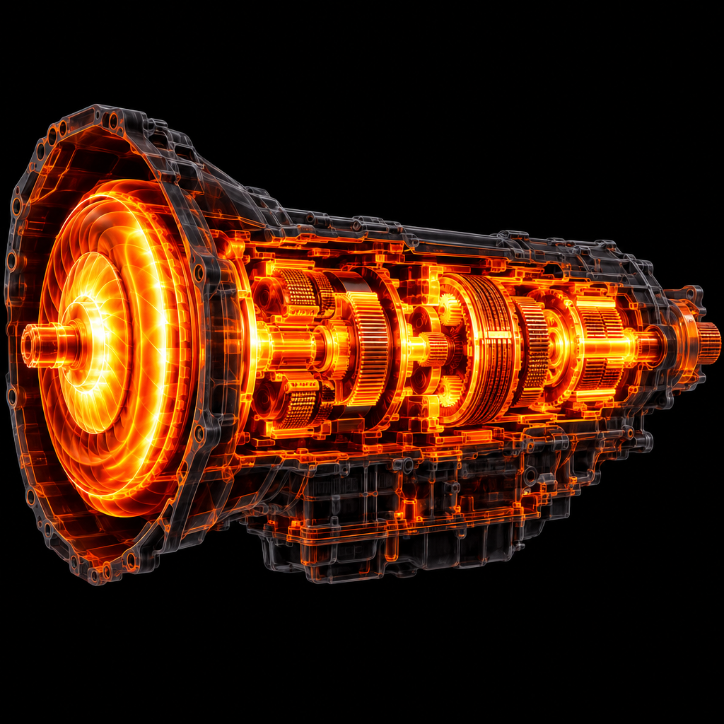 A thermal x-ray view of an 8-speed automatic gearbox, gears and clutch packs glowing